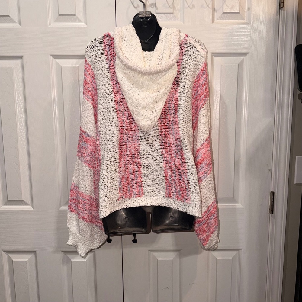 NWOT POL Pink Purple Striped Open Knit Hooded Sweater Womens Large Boho Crochet - Picture 3 of 4